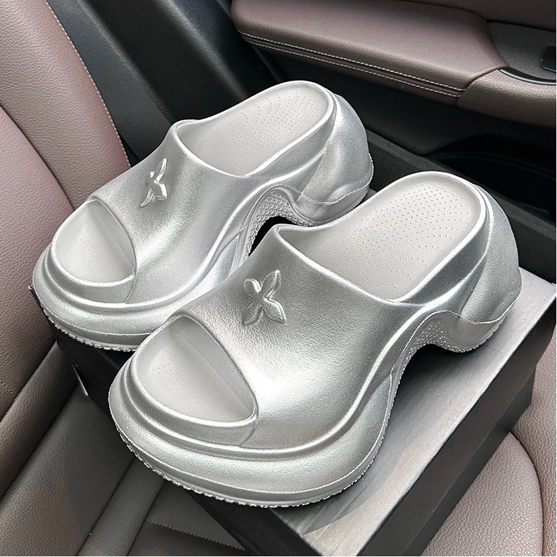 【显高瘦腿】十字花银色厚底拖鞋女外穿2026夏季新款时尚松糕凉鞋