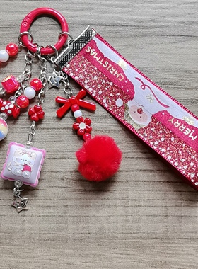 新款星星浮雕抱枕飘带圣诞毛球串珠圣诞节小挂件包包挂链手机挂饰