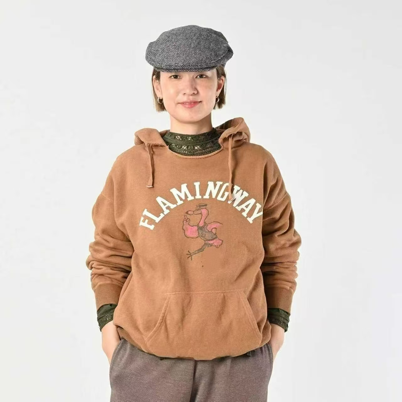 日系秋冬新款卡通字母印花宽松休闲加绒连帽卫衣男女同款上衣