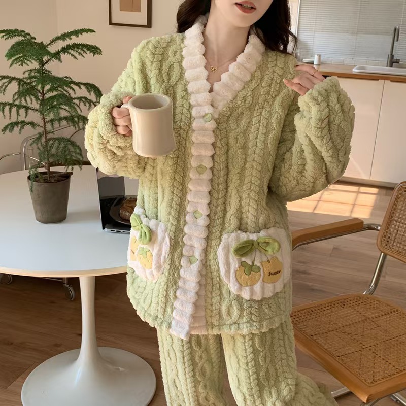 加绒加厚甜美法兰绒家居服套装女