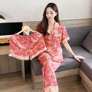 新款高级感冰丝短袖三件套睡衣女夏天薄款时尚印花舒适家居服套装