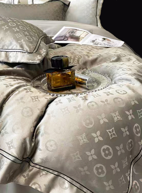 洛可可星级酒店灰色花纹四件套床品 全棉贡缎被套床单款 买套瓷赠