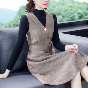名媛气质背带裙两件套装 毛呢马甲背心连衣裙2022秋冬新款 洋气减龄
