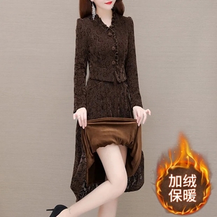 洋气蕾丝拼接假两件连衣裙女2026秋冬新款妈妈装加厚加绒裙子