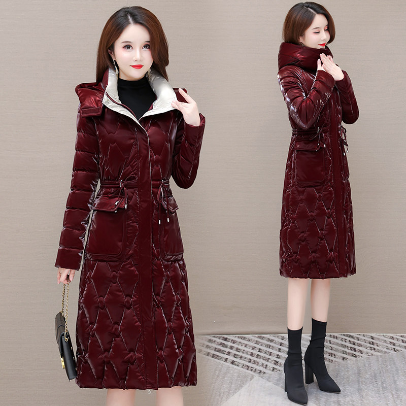 亮面羽绒棉服2025新款冬装女时尚收腰中长款连帽加厚保暖棉衣外套