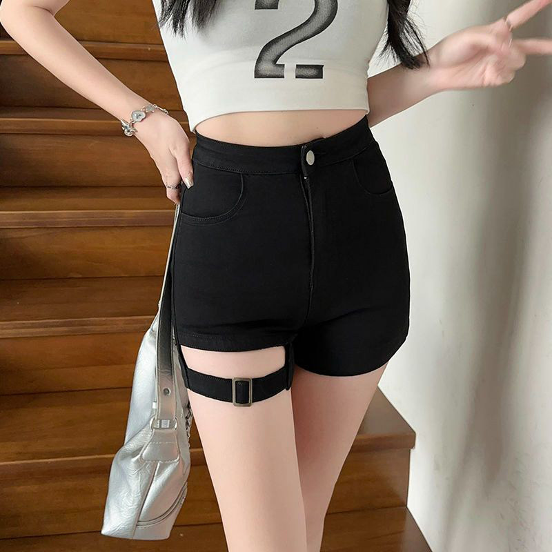 NRTR 美式复古vibe风系带设计高腰弹力显瘦紧身牛仔短裤 女款