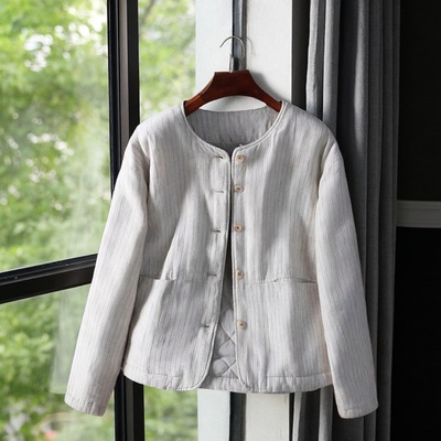 初冬季加棉外套女汉麻条纹棉服女款减龄文艺复古百搭轻薄棉衣
