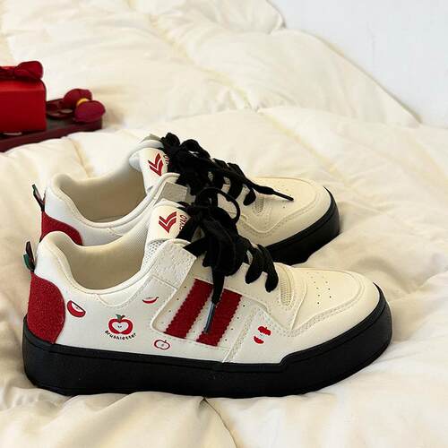 红色厚底苹果板鞋小众可爱印花