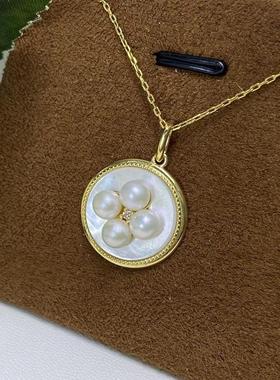 S925银纽扣吊坠精美花边与溢彩贝母视觉上的享受4-5mm小圆好珍珠