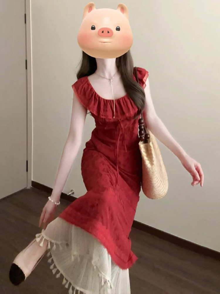 2024夏季新款红色小飞袖连衣裙子女法式气质高级绝美小众包臀长裙