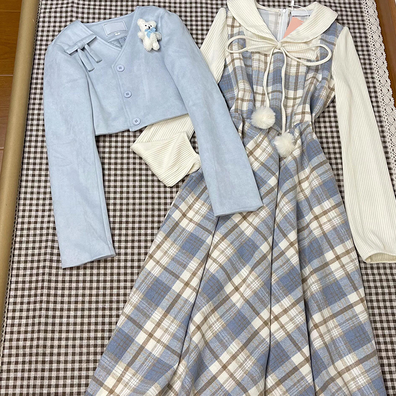 法式蓝色假两件连衣裙子女春夏季2025年新款今年流行爆款格子长裙