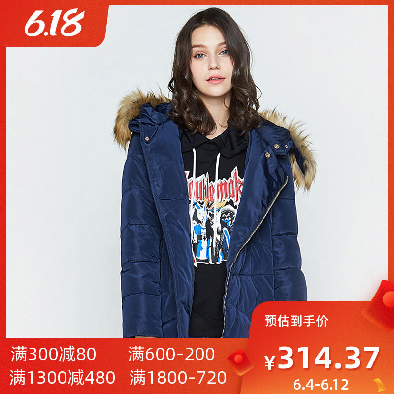 艾格2019冬季新品女装时尚纯色中长款连帽羽绒服Y1248
