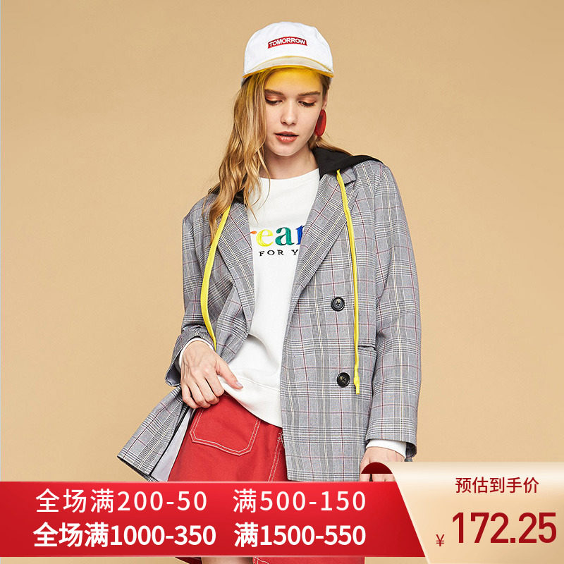 艾格2019新款春秋季女装时尚百搭休闲格子长袖中长款连帽外套W154