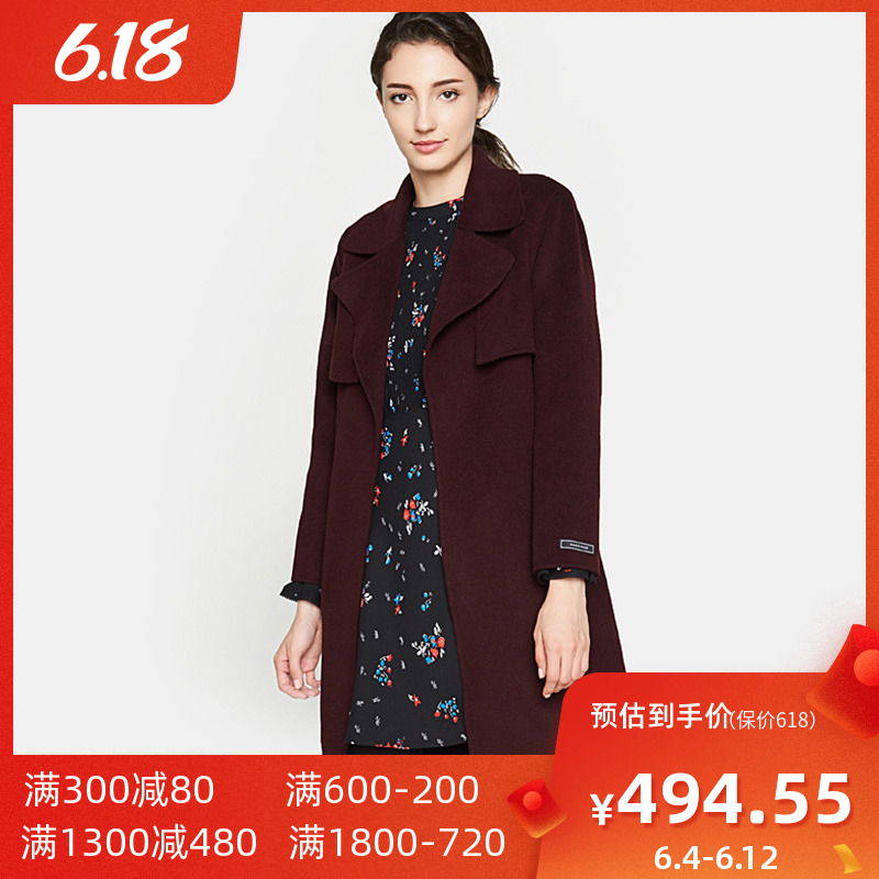 【断码XS】艾格冬季女装西装领系带收腰修身毛呢大衣外套y1108