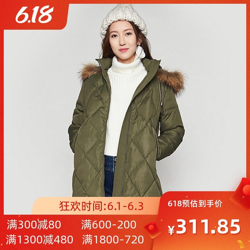 艾格 冬季女装时尚百搭休闲长袖连帽白鸭绒中长款羽绒服Y339