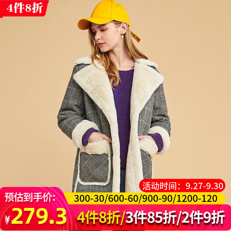 【断码L】艾格冬季新品女装时尚中长西装领毛呢外套Y1178