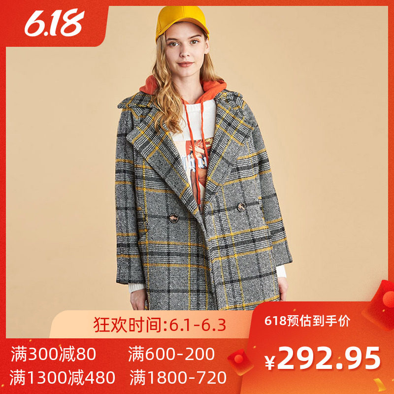艾格 冬季女装韩版时尚百搭休闲个性潮搭舒适格子中长款大衣Y525