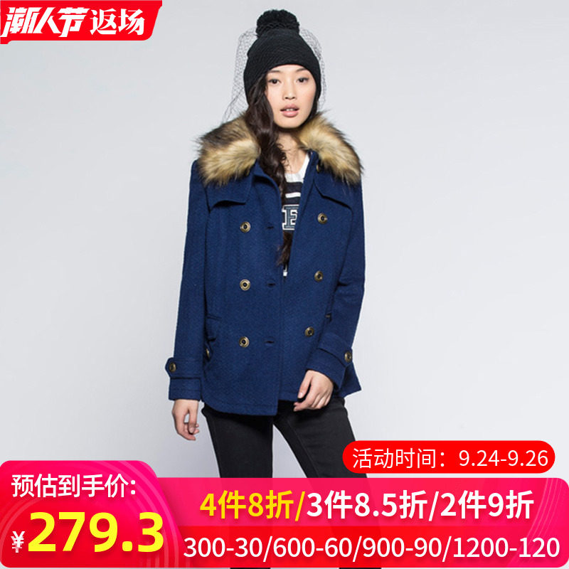 艾格官方旗舰店女装冬装新品纯色双排扣翻领毛呢大衣C432