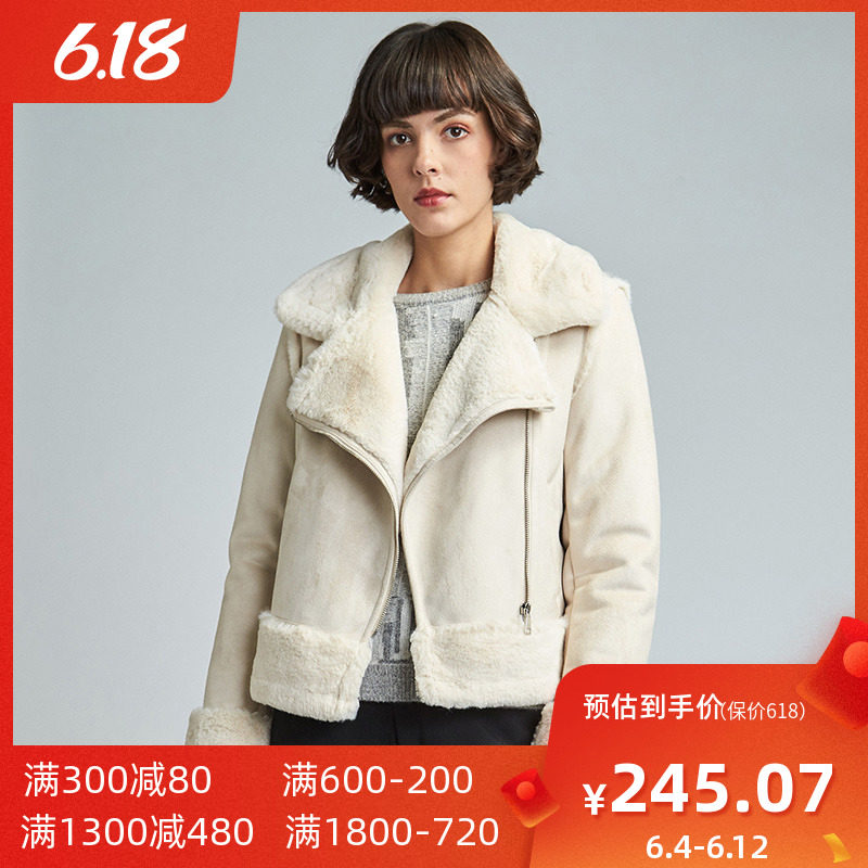 【断码S】艾格  2019冬季新品女装纯色时尚拉链短款毛绒外套Y1219