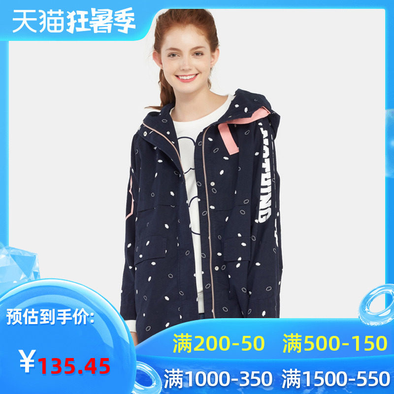 艾格春秋季女装印花图案时尚百搭休闲中长款连帽风衣外套Y60