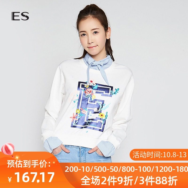 艾格官方旗舰店春时尚个性印花系带假两件针织卫衣女M127