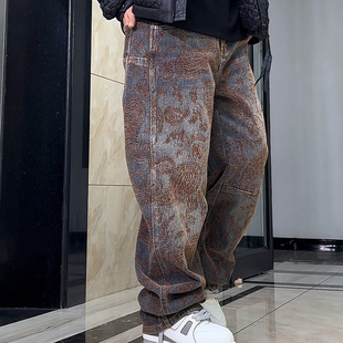刺绣潮牌牛仔裤男宽松植绒保暖时尚直筒阔腿提花腰果花扎染洗水