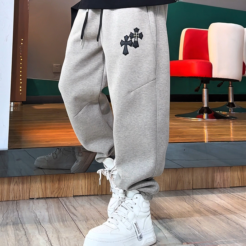 十字架加绒加厚潮牌束脚裤男冬季宽松显瘦针织时尚休闲裤