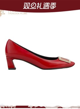 Roger Vivier女鞋红色漆皮金属方形搭扣喇叭跟4.5CM高跟鞋