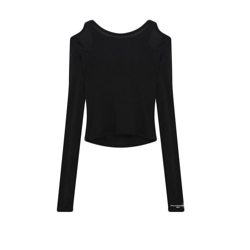 Stella McCartney/斯特拉女士黑色袖口徽标长袖露肩简约修身上衣