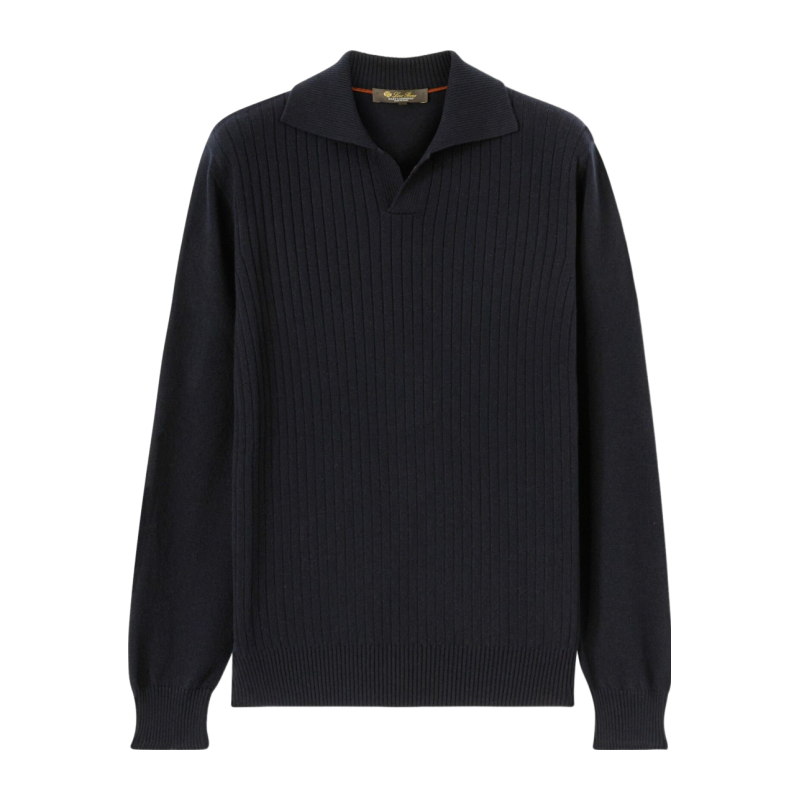 Loro Piana/诺悠翩雅男装羊绒宽罗纹针织无纽扣衣领长袖Polo衫