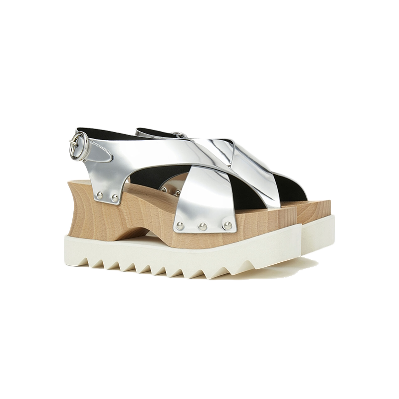 Stella McCartney/斯特拉女士银色木质坡跟松糕底搭扣精致凉鞋