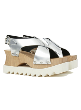 Stella McCartney/斯特拉女士银色木质坡跟松糕底搭扣精致凉鞋