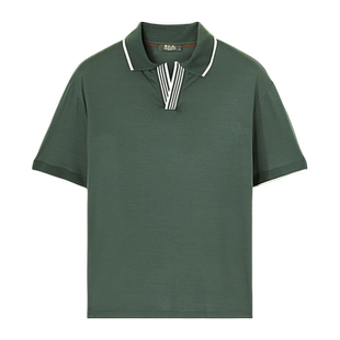 Loro Piana/诺悠翩雅男装提花条纹图案无扣衣领短袖绿色Polo衫