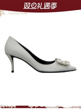 Roger Vivier女鞋灰色织物金属水晶花朵方形搭扣6.5CM高跟鞋