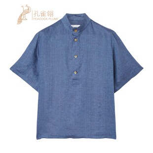 蓝色宽松亚麻短袖 Loro Piana 诺悠翩雅男装 休闲衬衫