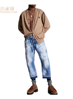 Dsquared2/D二次方男士全棉水洗磨白破洞牛仔裤休闲裤长裤