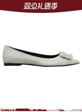 Roger Vivier女鞋浅灰色花朵水钻搭扣织物芭蕾舞鞋