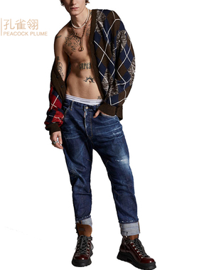 Dsquared2/二次方男士深蓝色棉质高腰翻边裤腿通勤日常牛仔裤长裤