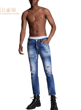 Dsquared2/二次方男士蓝色磨损效果直筒版型户外运动牛仔裤长裤