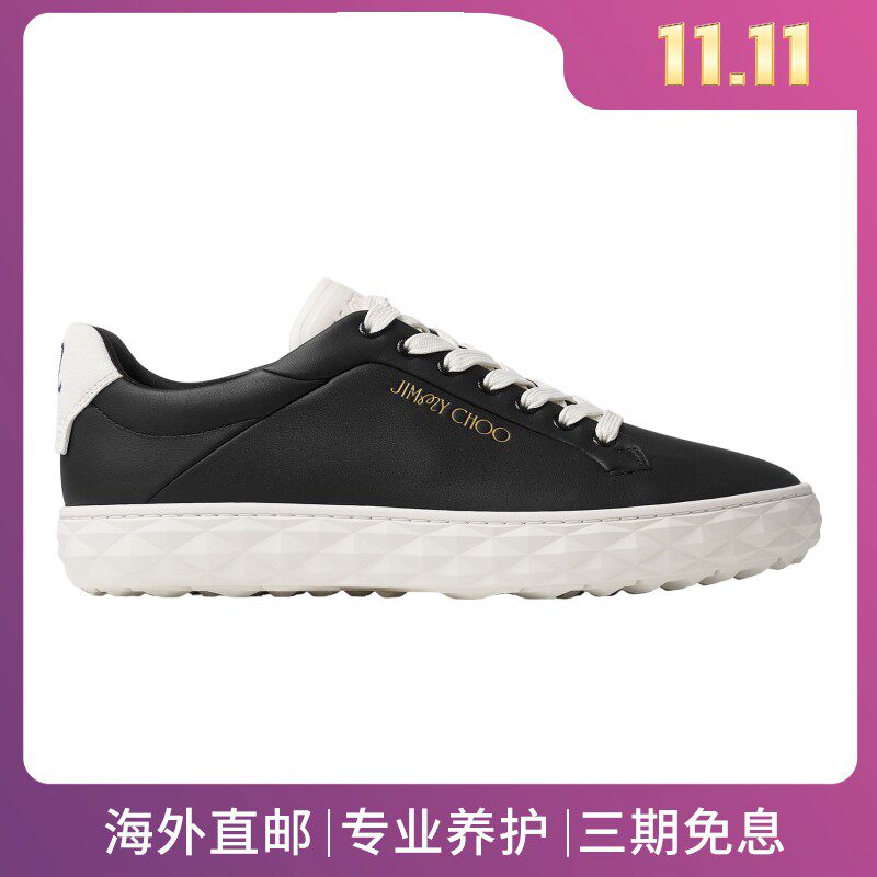 JimmyChoo/周仰杰男鞋黑色皮革鞋面钻石切割形高尔夫鞋钉运动鞋