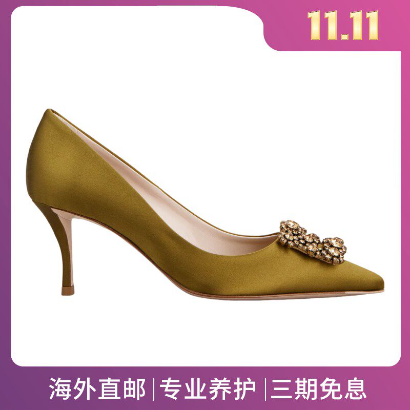 RogerVivier/罗杰维维亚女士高跟鞋缎面镶钻搭扣细跟露趾新款