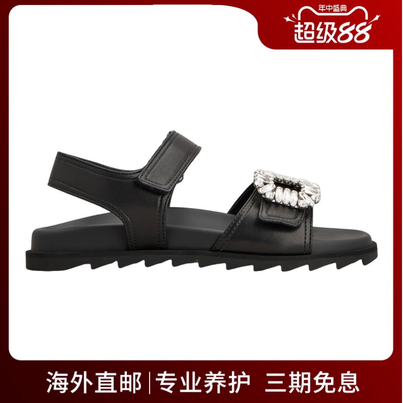 RogerVivier/罗杰维维亚女士凉鞋小羊皮水晶搭扣魔术贴绑带新款