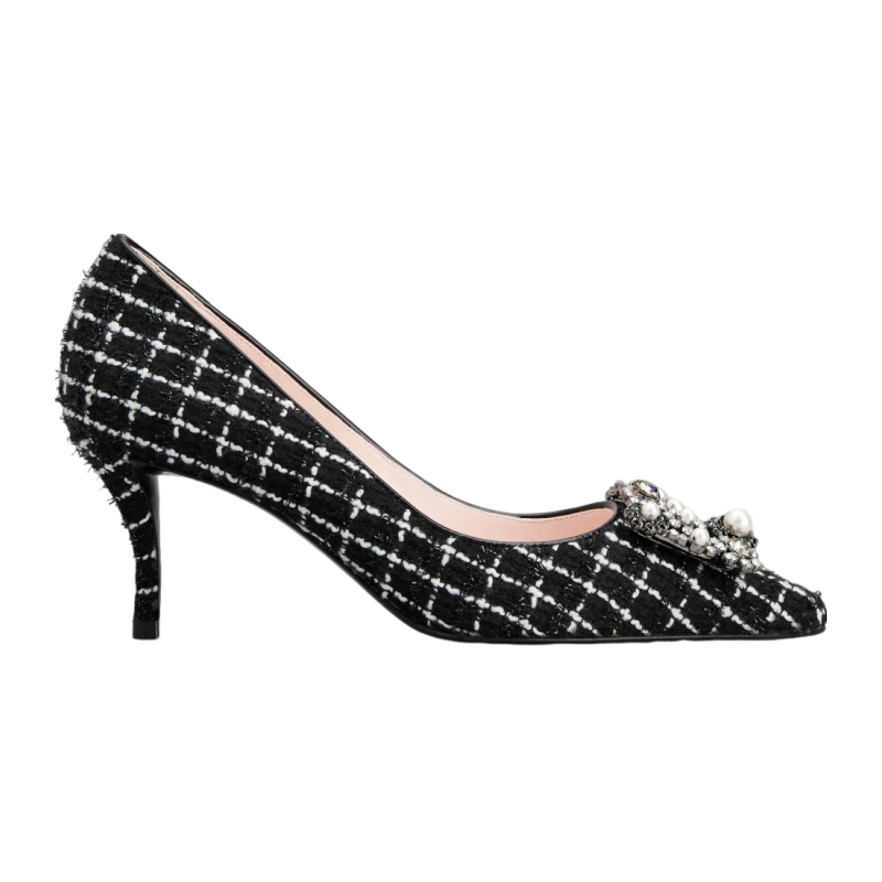 RogerVivier/罗杰维维亚女士高跟鞋斜纹软呢漆皮水晶珍珠搭扣新款