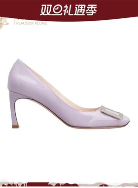 Roger Vivier女鞋金属饰扣紫色漆皮方形鞋尖鞋跟7厘米高跟鞋