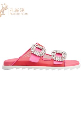 Roger Vivier女鞋 Slidy Viv' 精美华丽玫瑰红水钻搭扣穆勒凉拖鞋