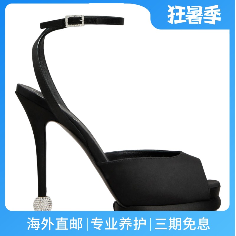 RogerVivier/罗杰维维亚女士凉鞋缎面圆柱高跟水晶搭扣脚踝带新款