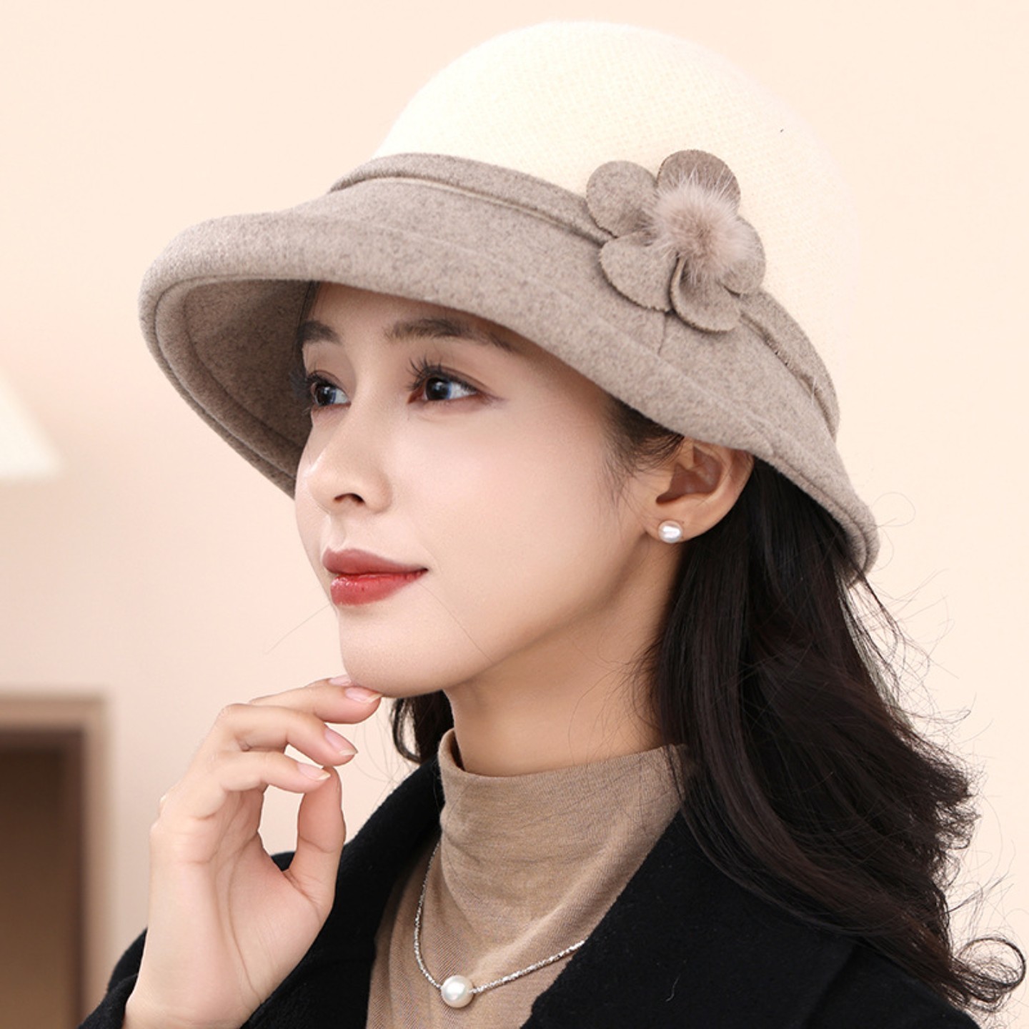 秋冬女长辈帽子简约拼色渔夫帽妈妈中老年优雅气质礼帽保暖盆帽