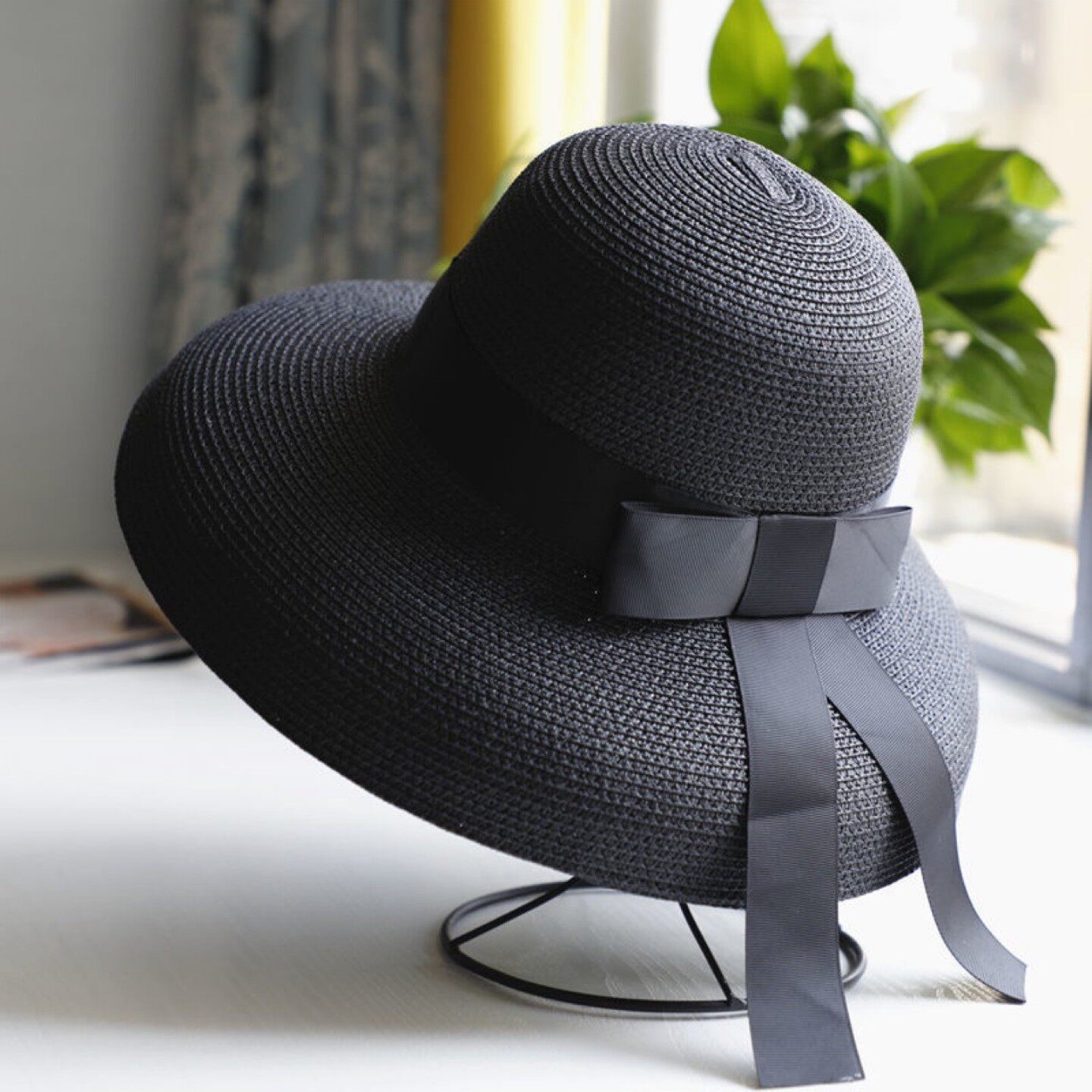 复古赫本黑色网红草帽遮阳帽防晒度假海边沙滩帽子女夏大檐太阳帽
