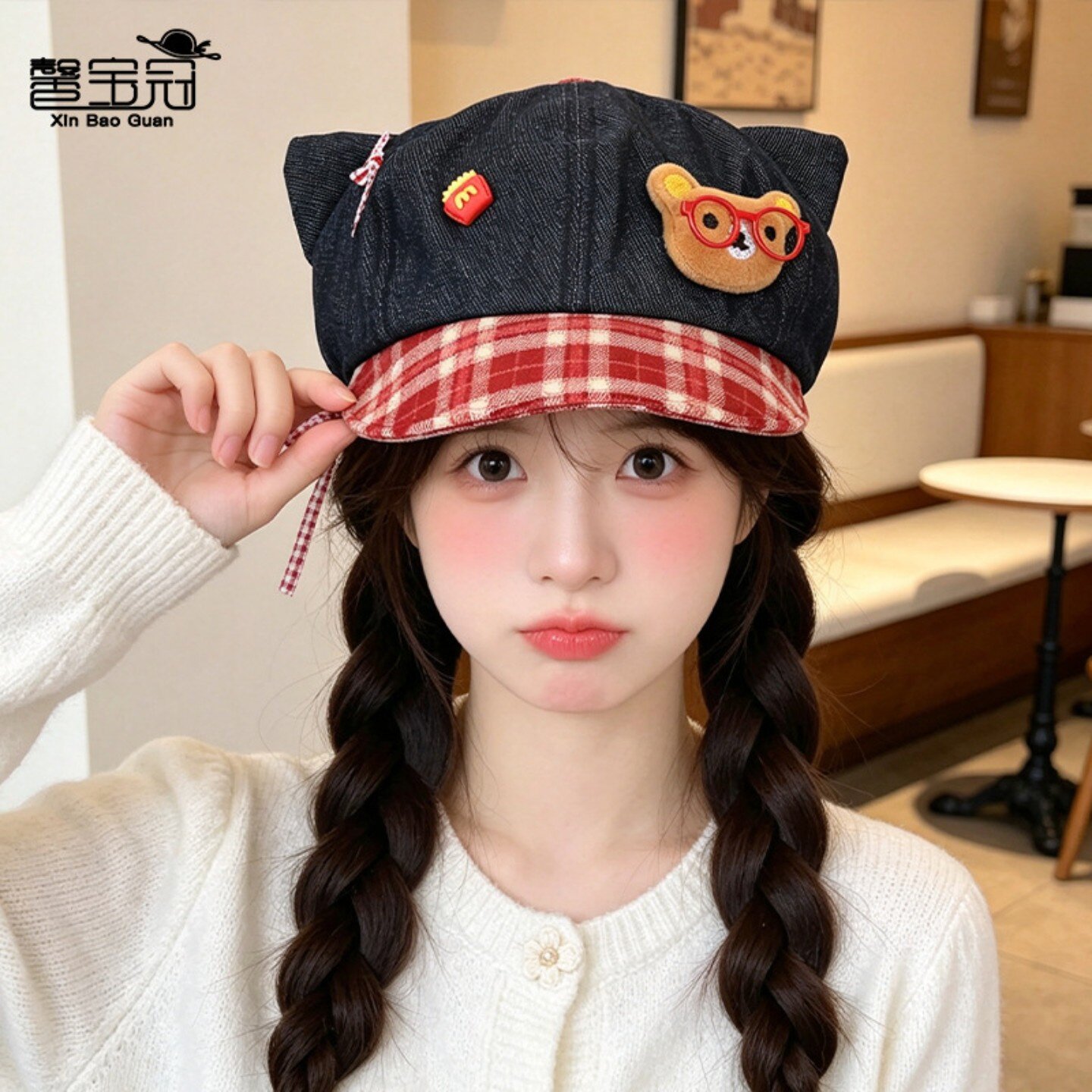 秋冬季户外出游百搭显脸小八角贝雷帽日系甜美可爱小熊鸭舌帽子女