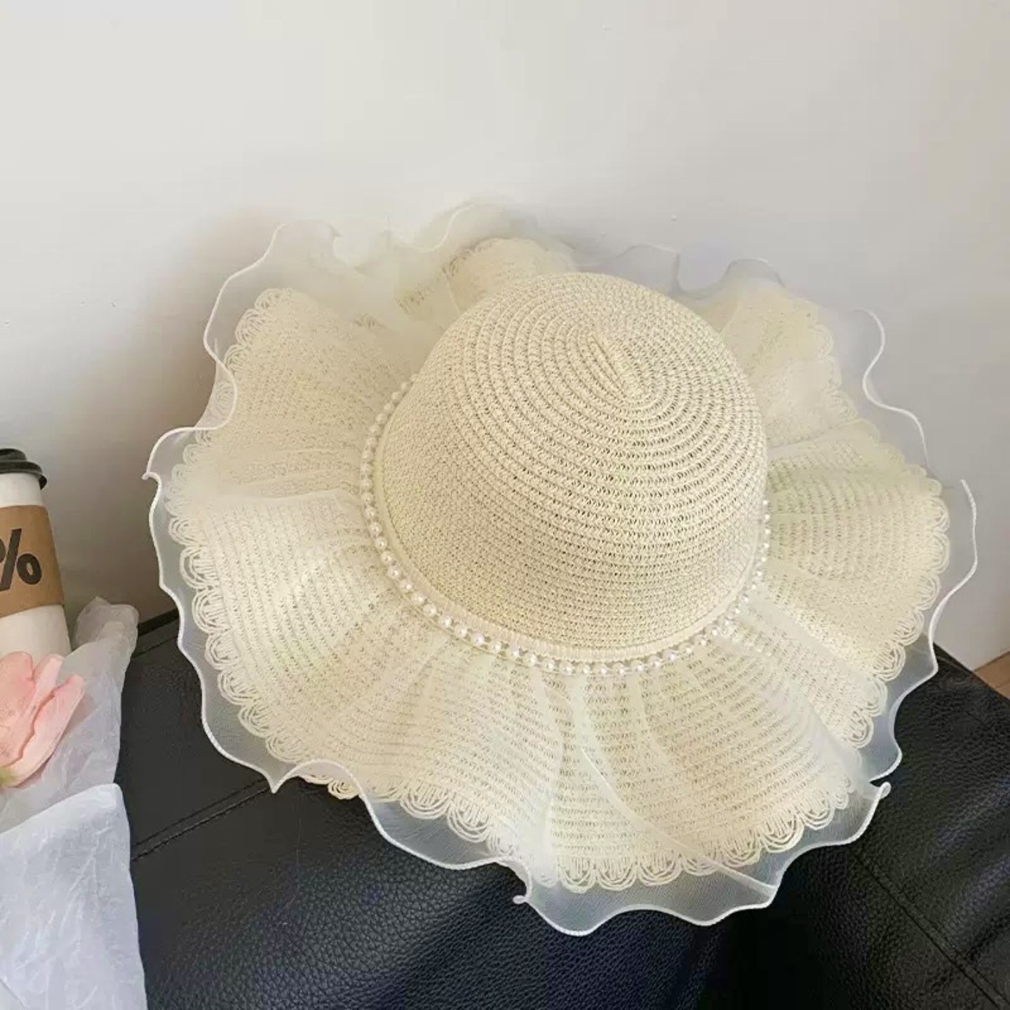 法式蕾丝蝴蝶结草编草帽女夏季沙滩海边防紫外线大帽檐可折叠帽子